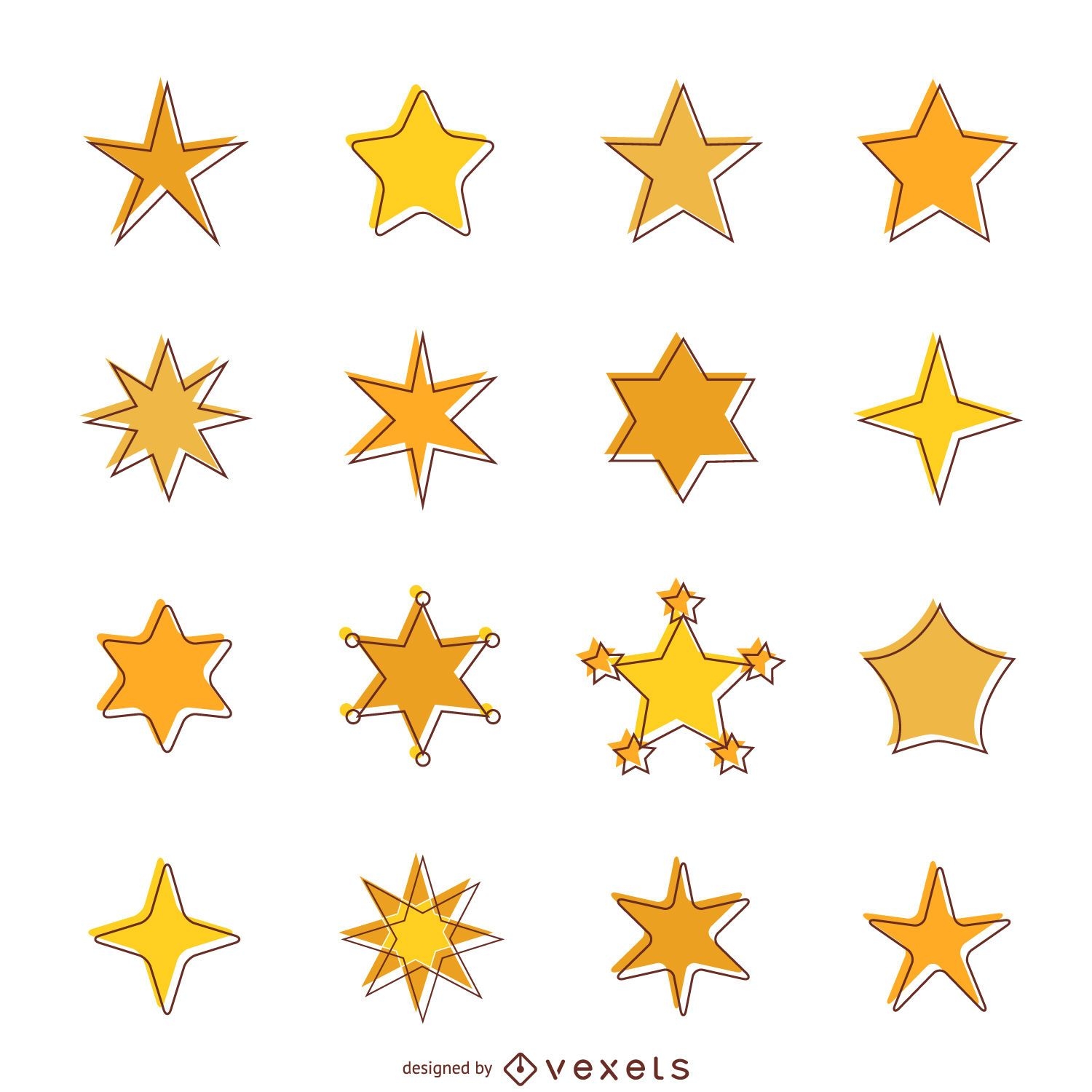 Flat star icons with stroke set