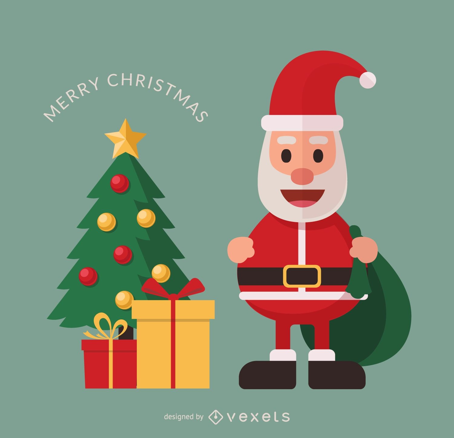 Flacher Weihnachtsmann-Cartoon mit Weihnachtsbaum