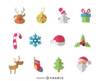 Flat Christmas elements icon set or pack