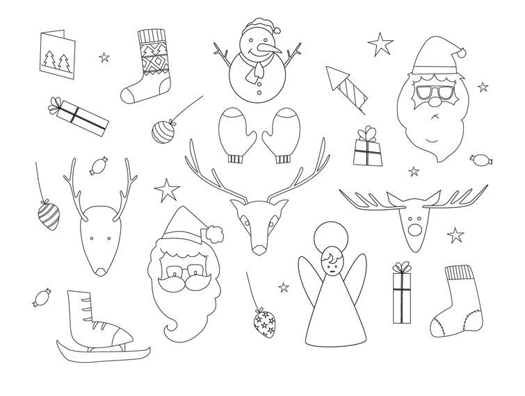 Conjunto de contorno de elementos de Natal mão desenhada Conjunto de contorno de elementos de Natal mão desenhada