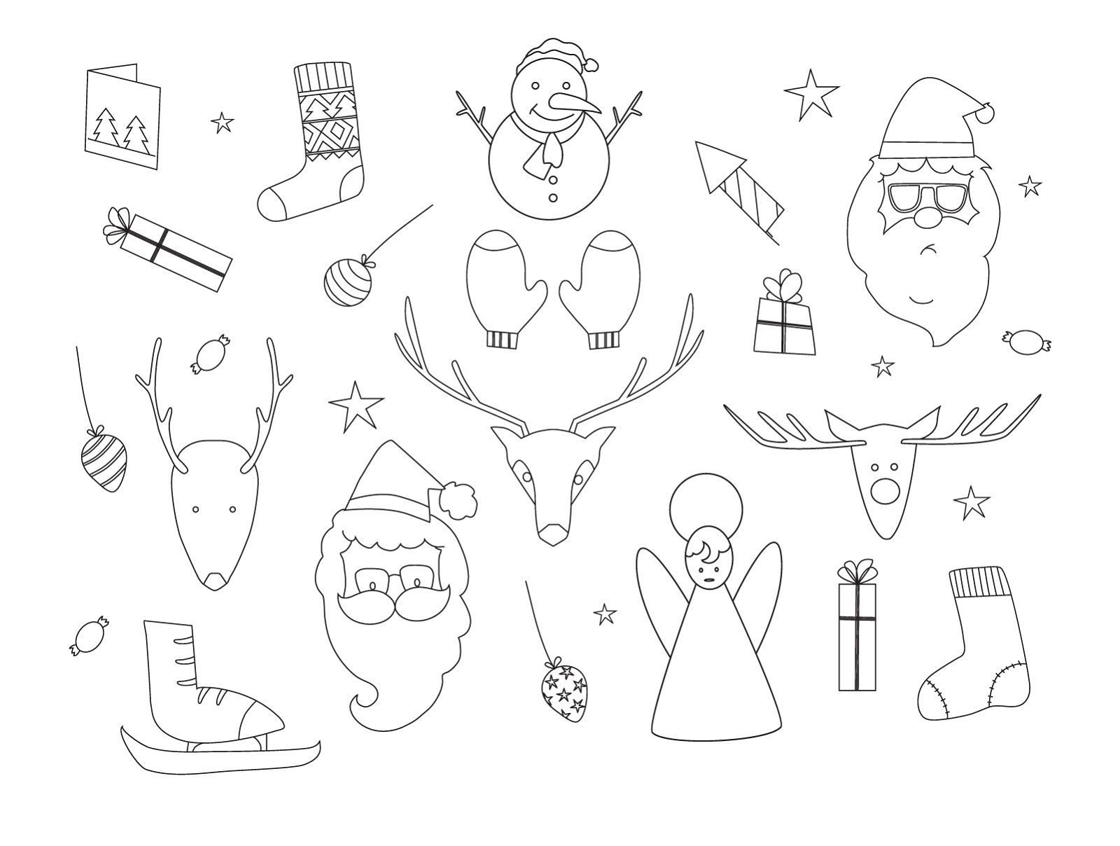 Hand drawn Christmas elements outline set