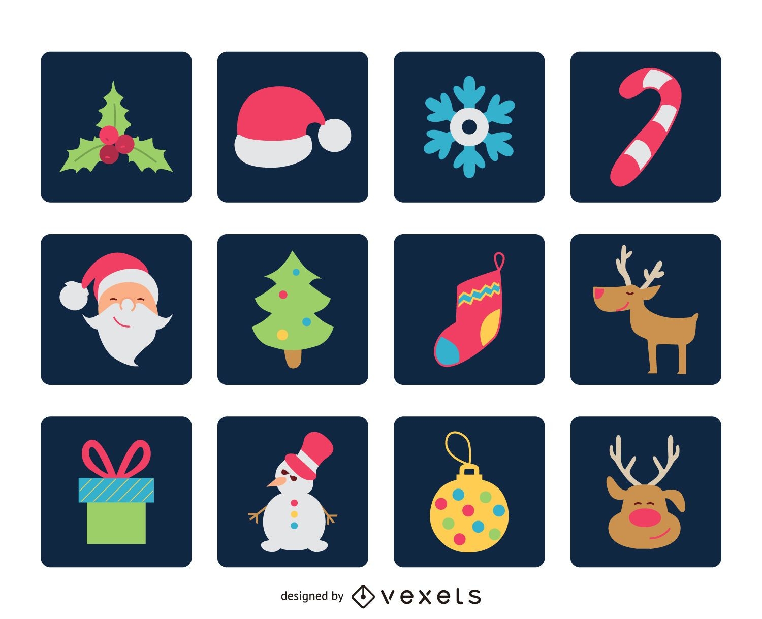 Conjunto de iconos cuadrados de Navidad plana