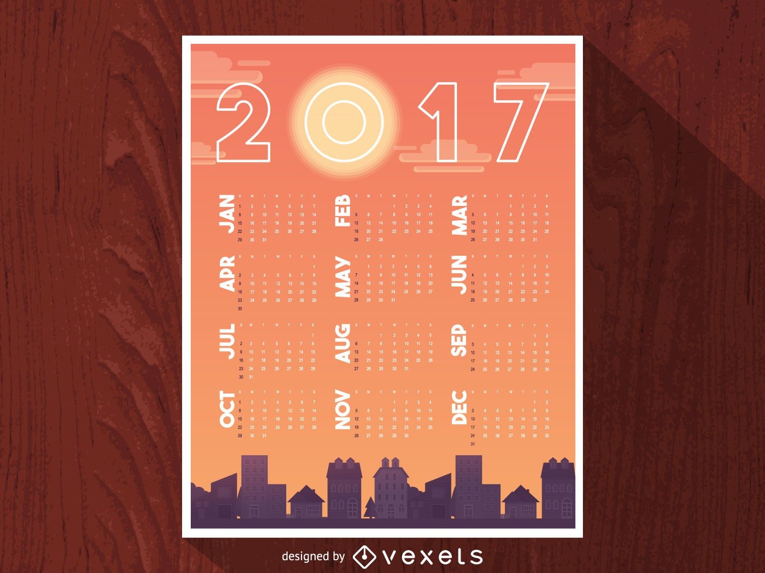 2017 calendario siluetas de paisaje urbano