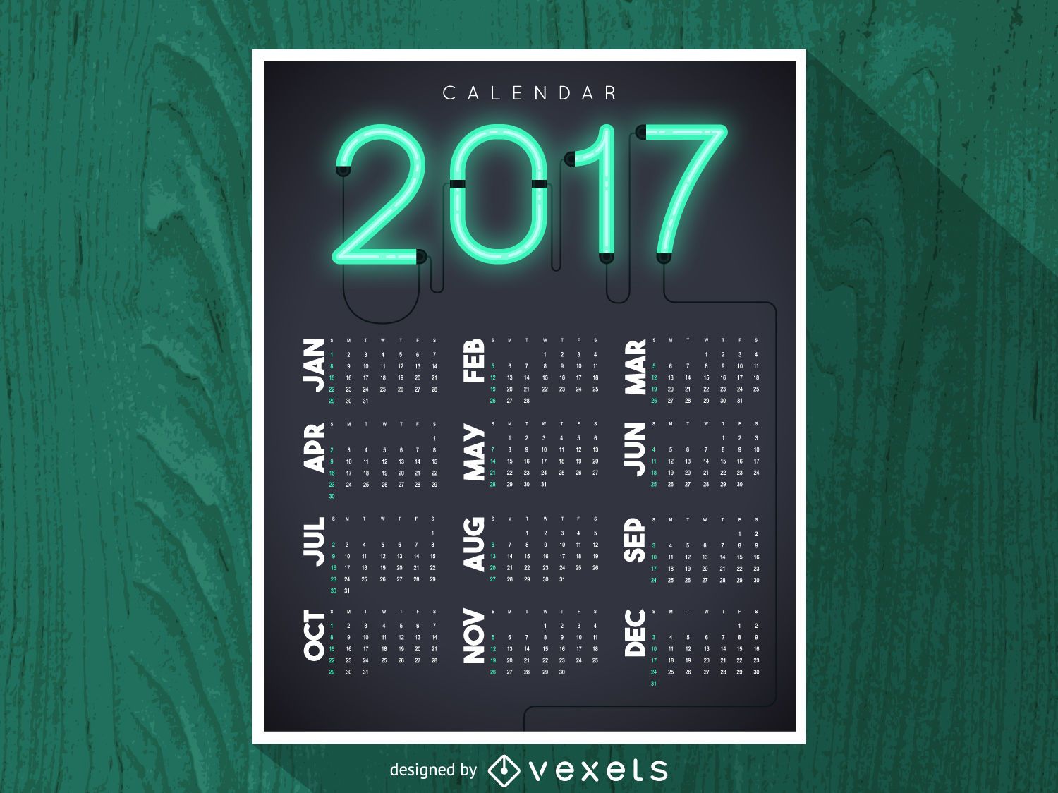 2017 Bright Neon Calendar Vector Download