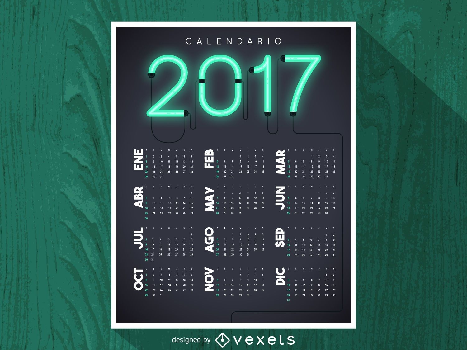 2017 neon calendar in Spanish