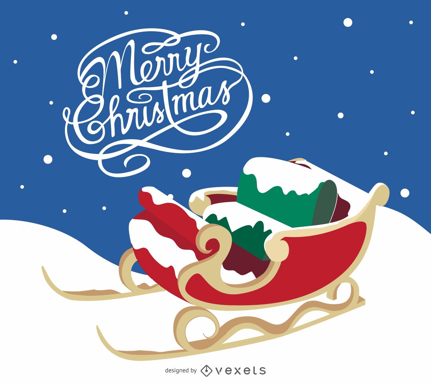 Merry Christmas card with sleigh on the snow