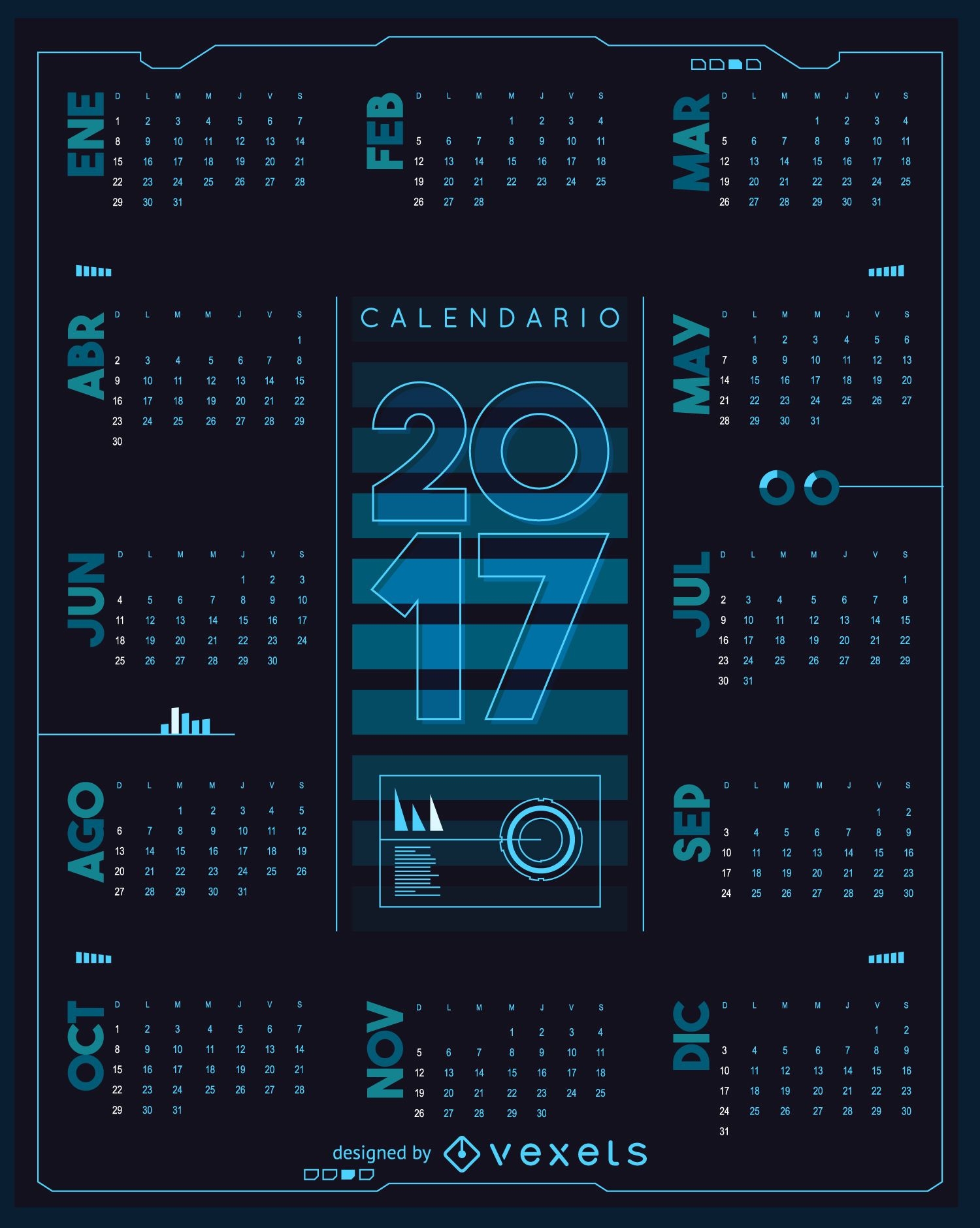 Futuristischer Kalender 2017 auf Spanisch