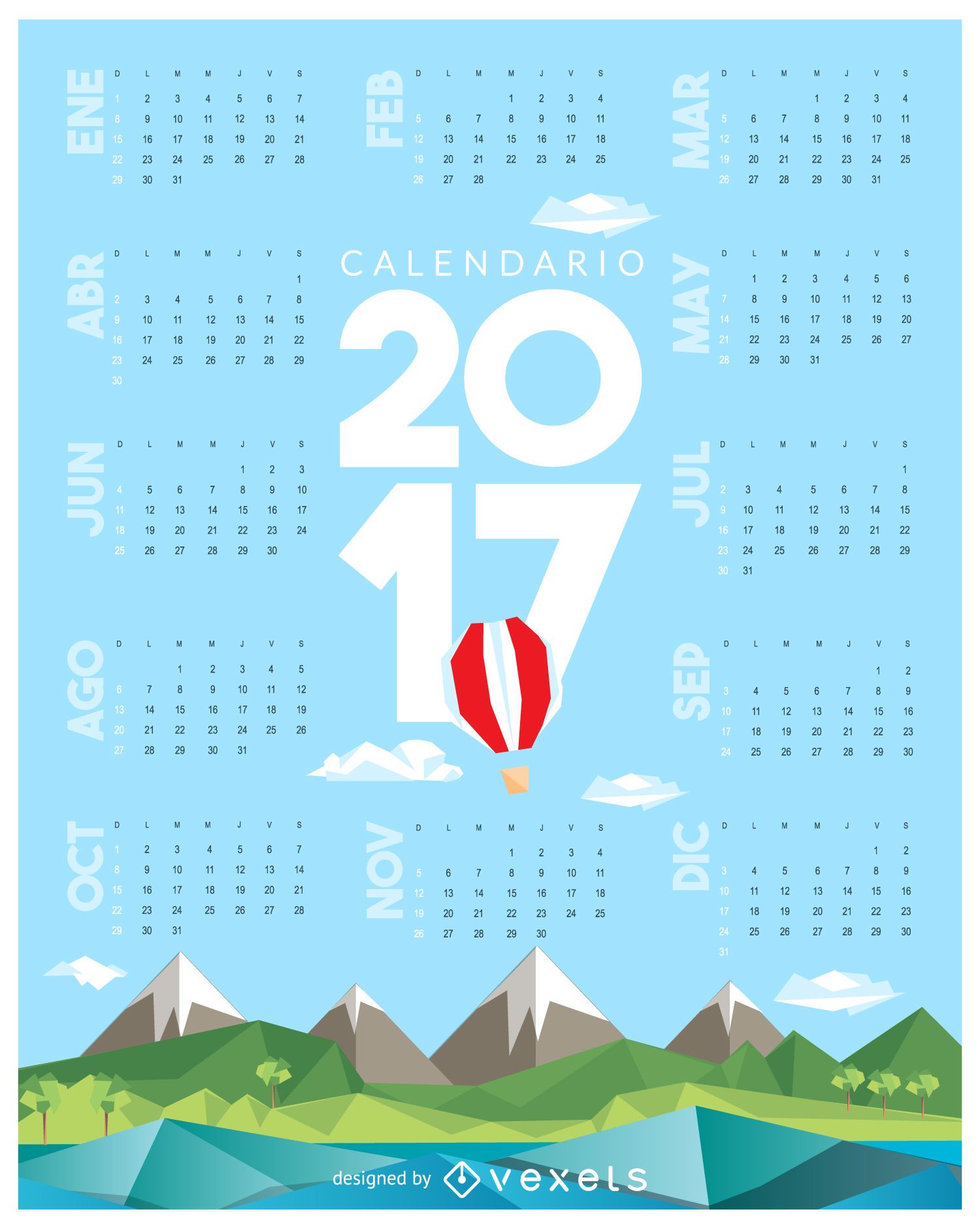 2017 low poly calendar in Spanish