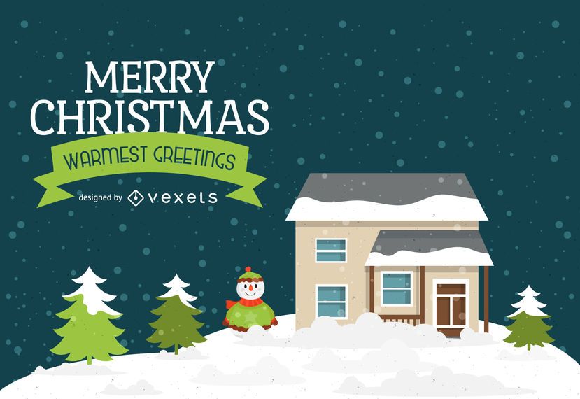 Winter house landscape with Christmas label Winter house landscape with Christmas label