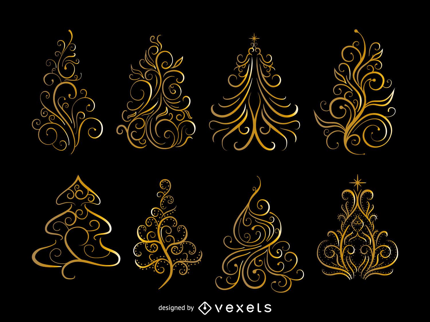 Download Golden Swirls Christmas Tree Set - Vector Download