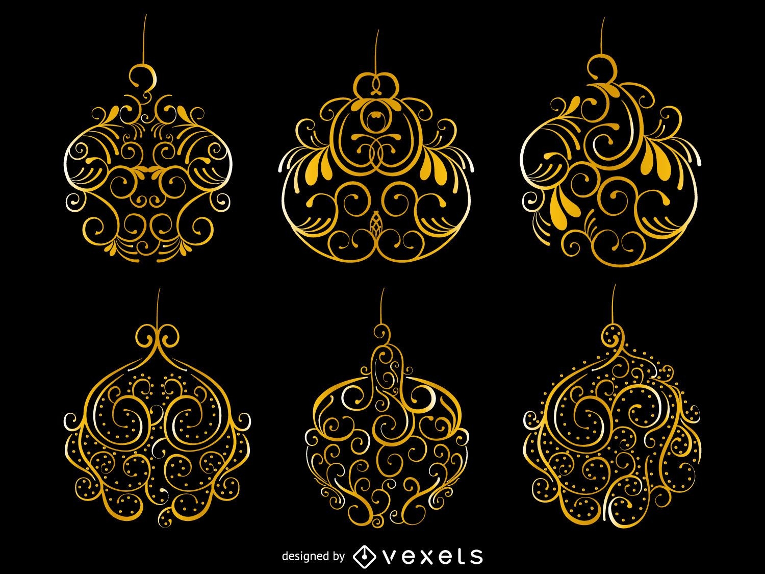 Golden swirls Christmas ornament set