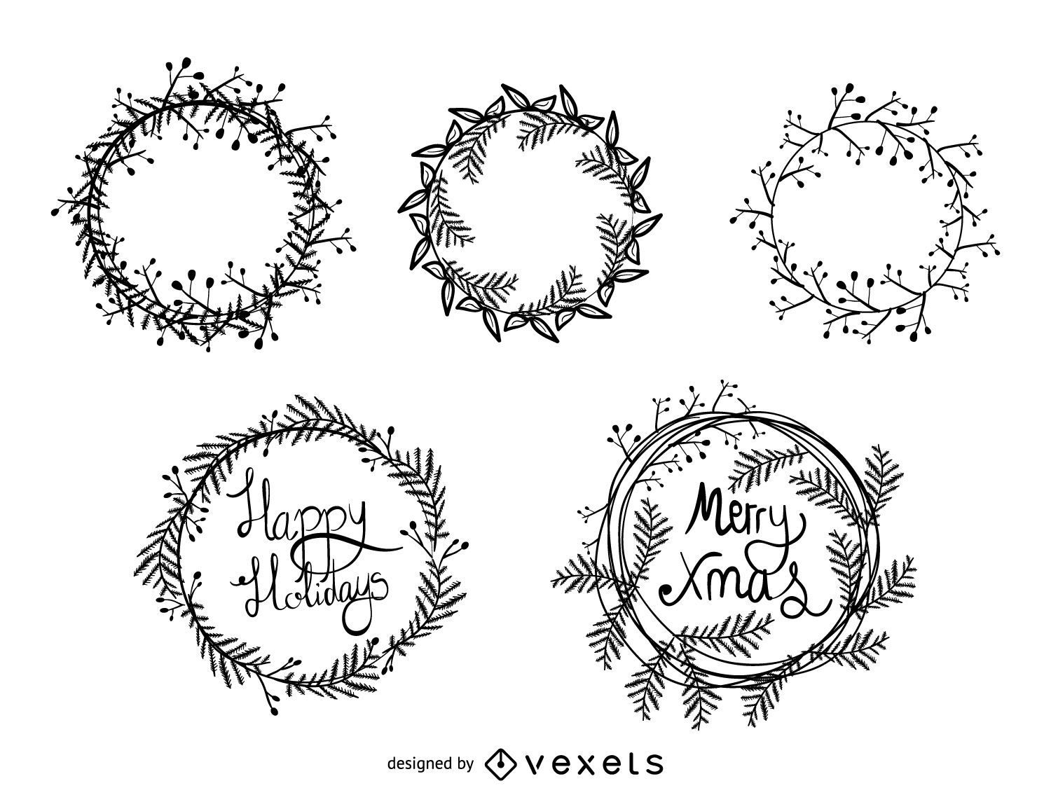 B W Christmas wreath set Vector download 