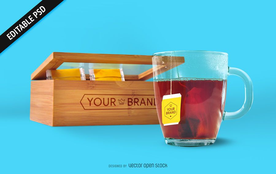 Bolsa de té y caja maqueta PSD Bolsa de té y caja maqueta PSD