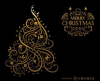 Diseño de tarjeta de Navidad con remolinos dorados