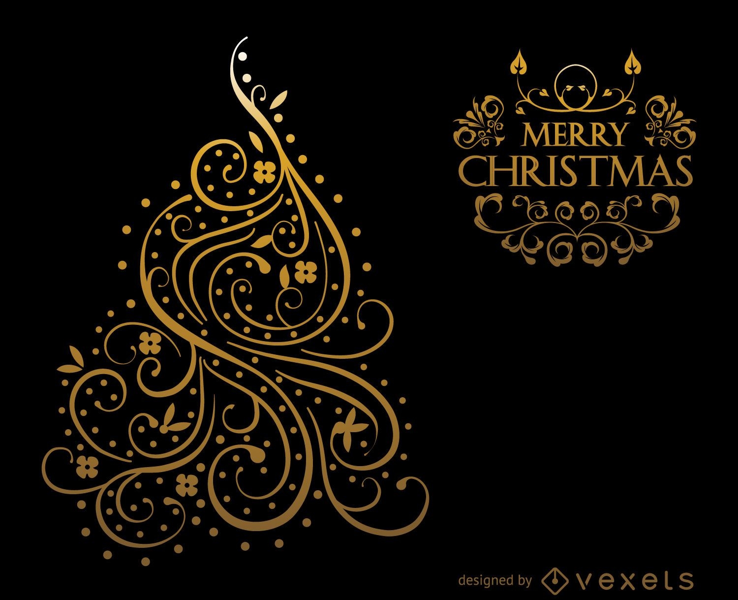 Design de cartão de Natal de redemoinhos de ouro