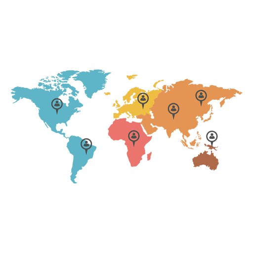 Mapa do mundo de marcador de agente continental