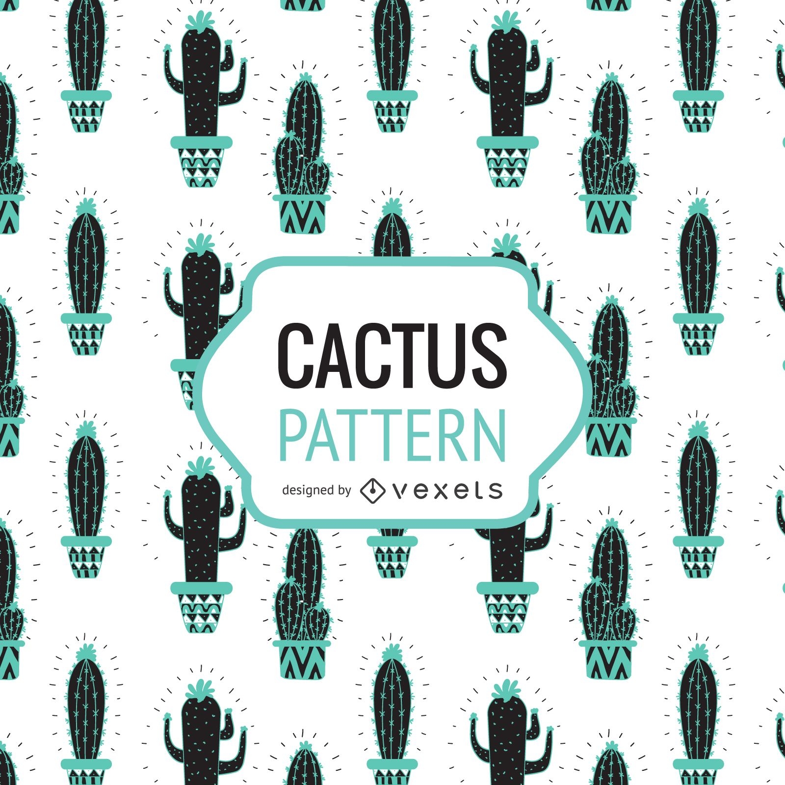 Hand drawn cactus pattern in tones of blue
