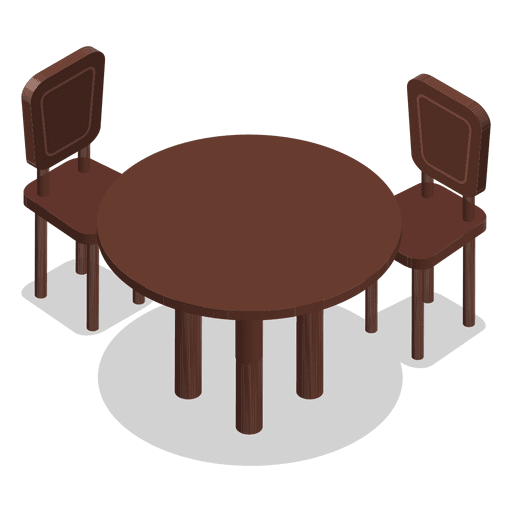 Mesa isométrica con sillas. Diseño PNG