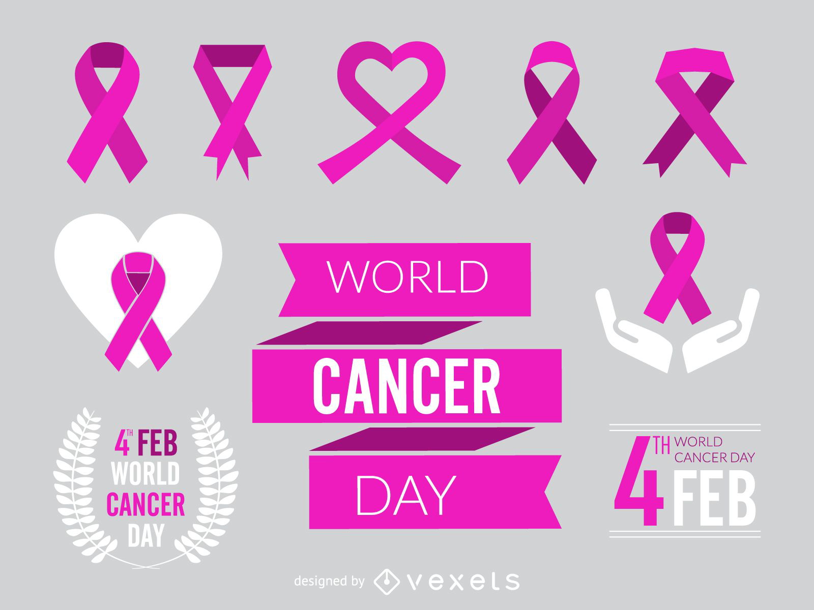 Conjunto de fitas e elementos do Dia Mundial do Câncer