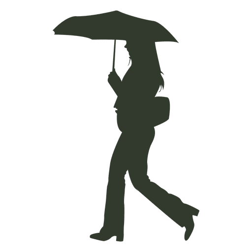 Mujer caminando bajo la lluvia con silueta de paraguas