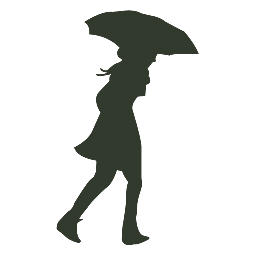 Woman walking umbrella silhouette wind rain PNG Design
