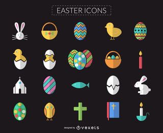 Conjunto de iconos de Pascua plana y colorida