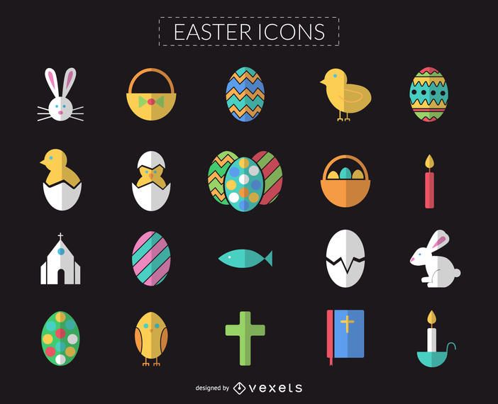 Conjunto de iconos de Pascua plana y colorido Conjunto de iconos de Pascua plana y colorido