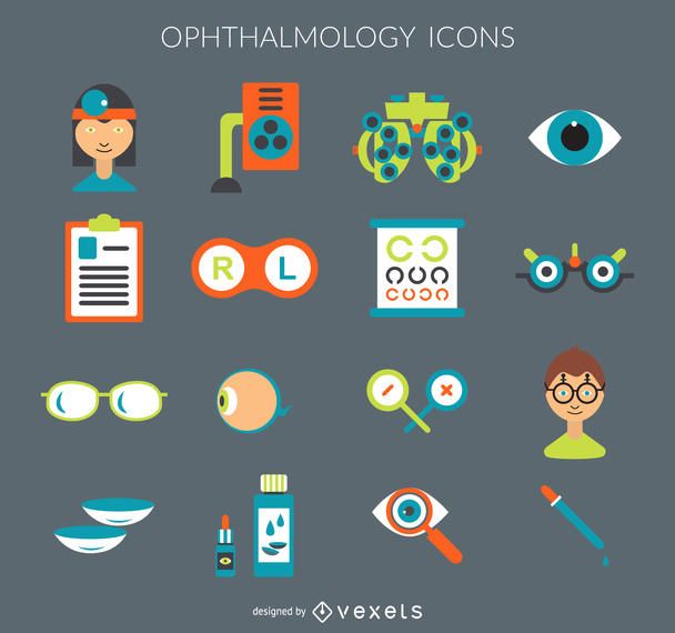 Conjunto de iconos de oftalmología plana Conjunto de iconos de oftalmología plana