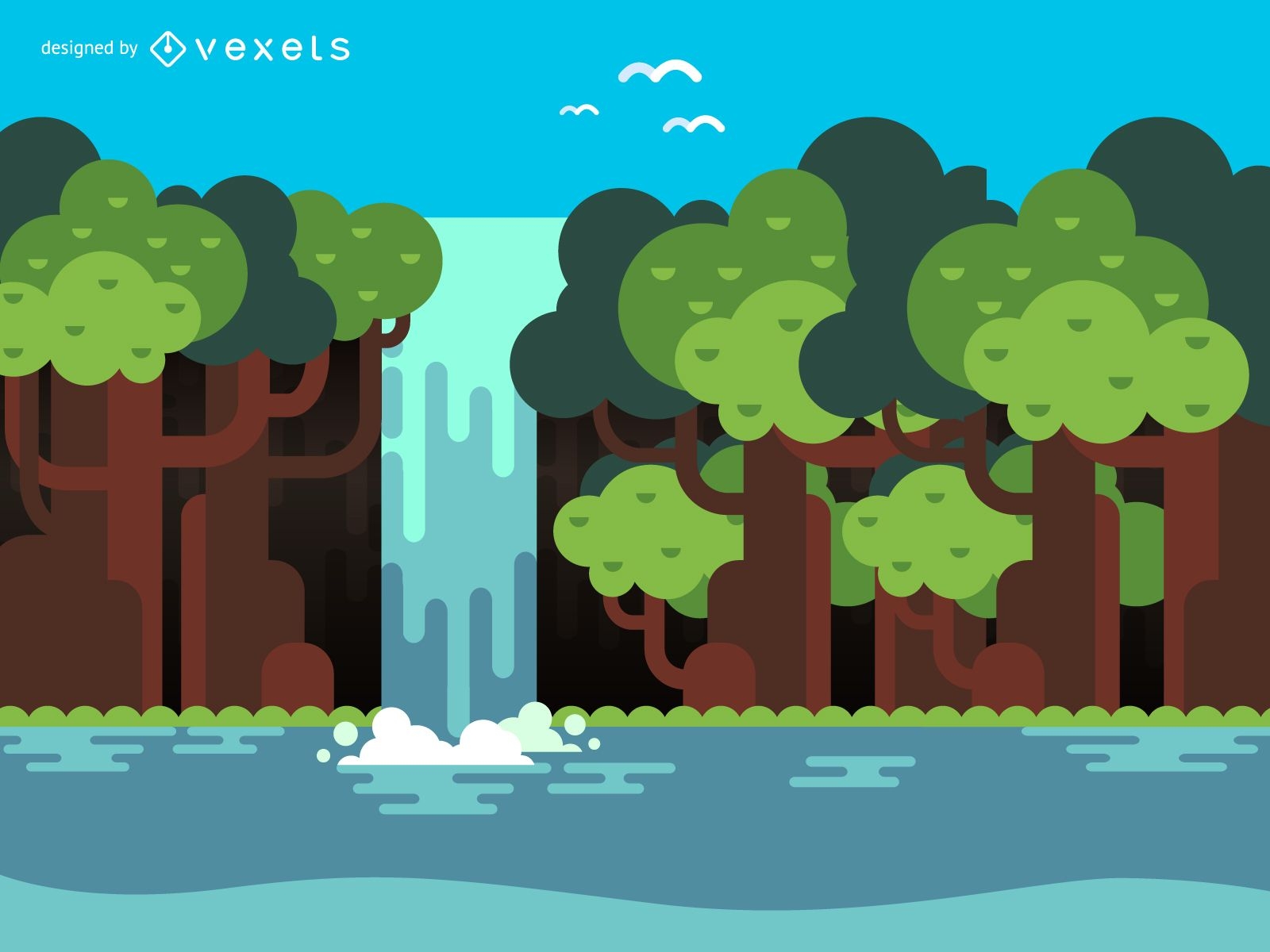 Flat waterfall and trees illustration