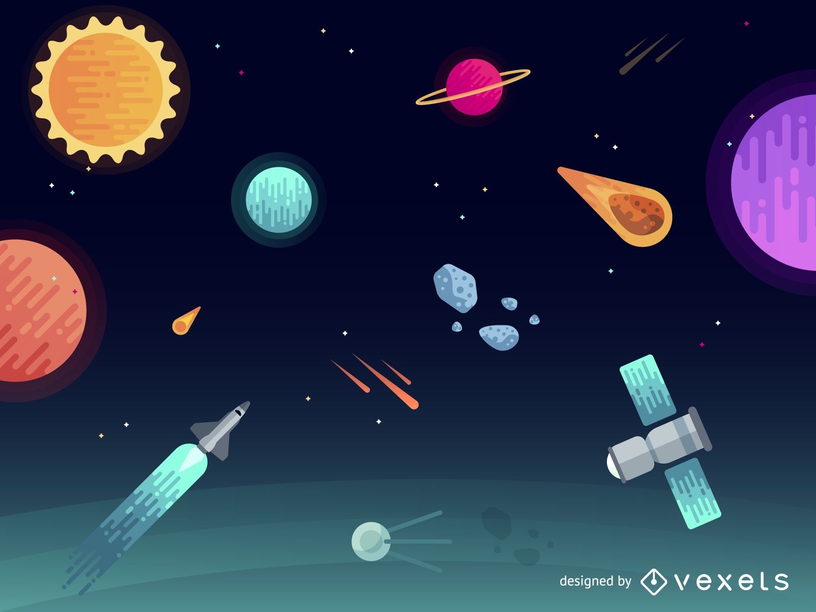 Outer space landscape with rockets