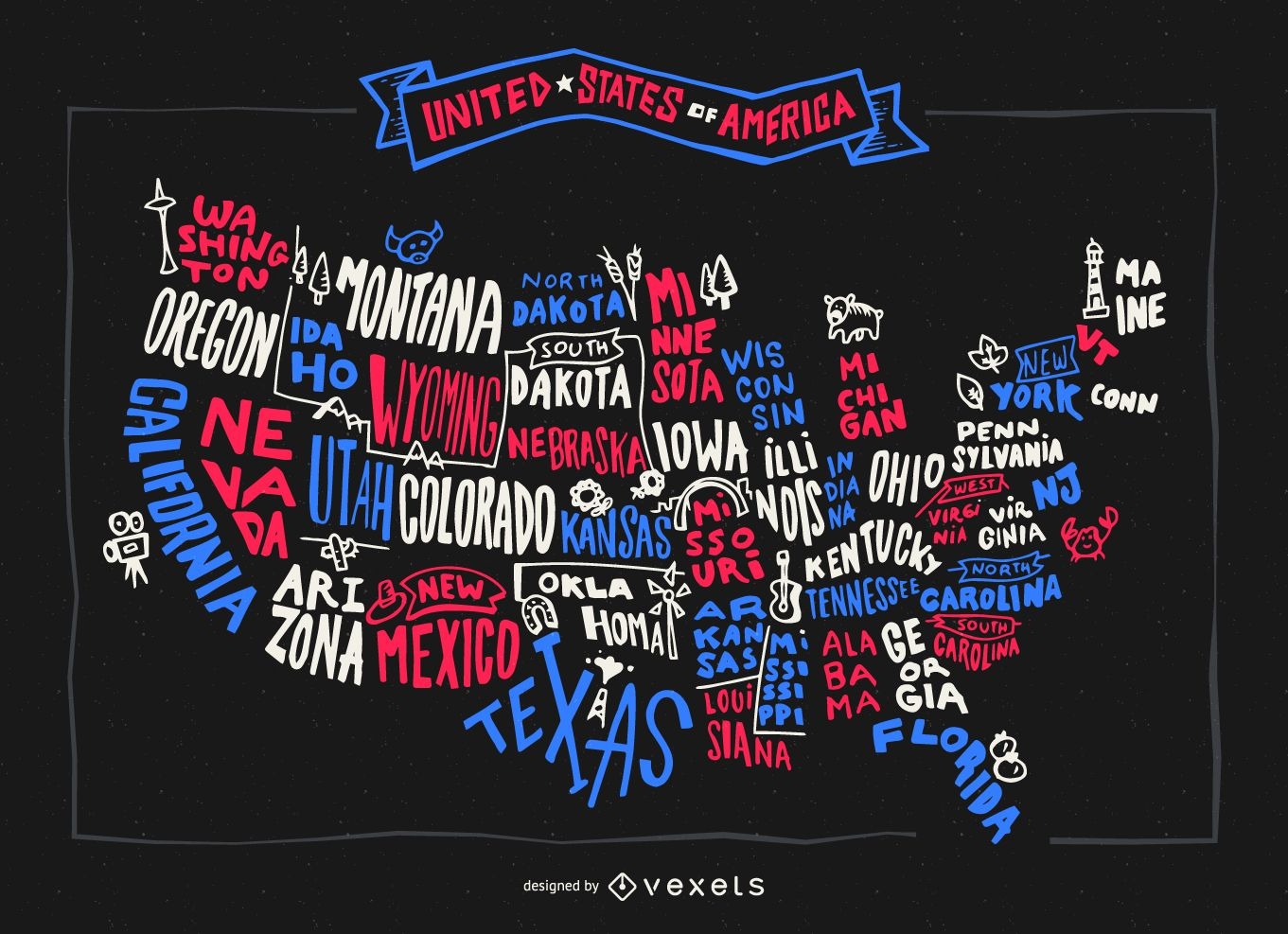 Mapa de Estados Unidos con estados escritos a mano