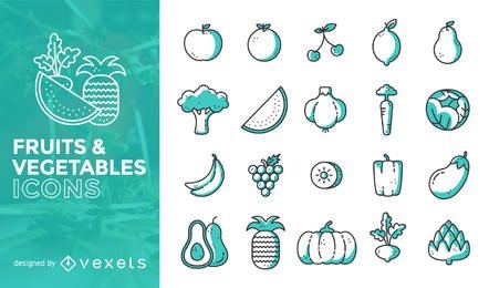 Conjunto de iconos de frutas y verduras de trazo plano