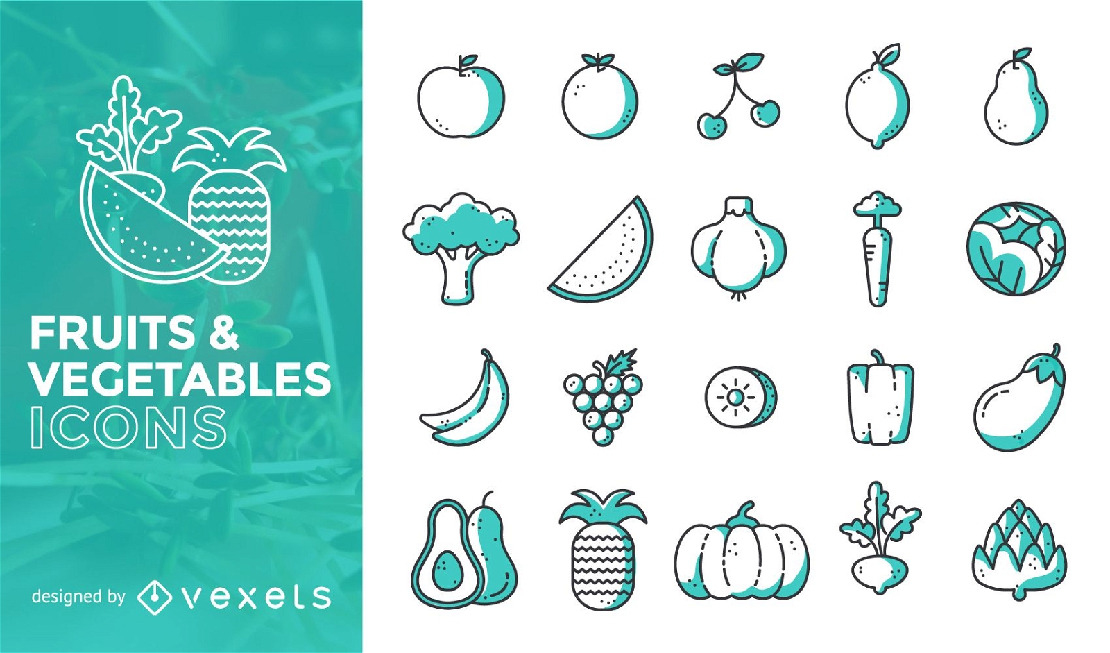 Conjunto de ícones de frutas e vegetais em traço plano
