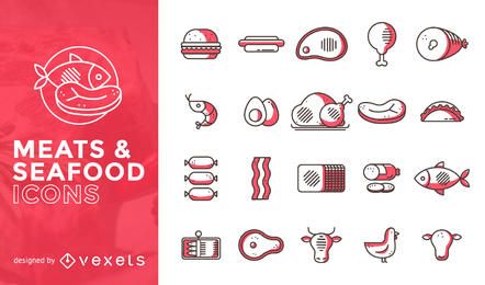 Conjunto de iconos planos de carne y mariscos Conjunto de iconos planos de carne y mariscos