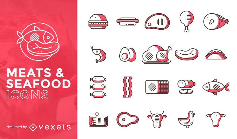 Carne, marisco, apartamento, ícone, jogo Carne, marisco, apartamento, ícone, jogo
