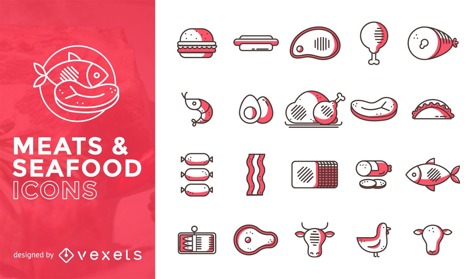 Conjunto de iconos planos de carnes y mariscos