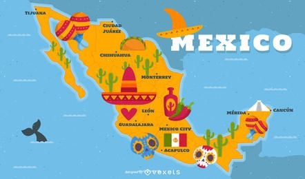 Mapa ilustrado do México com elementos tradicionais