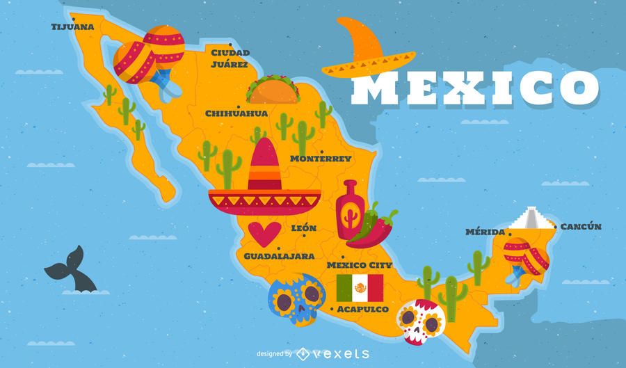 Ilustrado, México, mapa, tradicional, elementos Ilustrado, México, mapa, tradicional, elementos