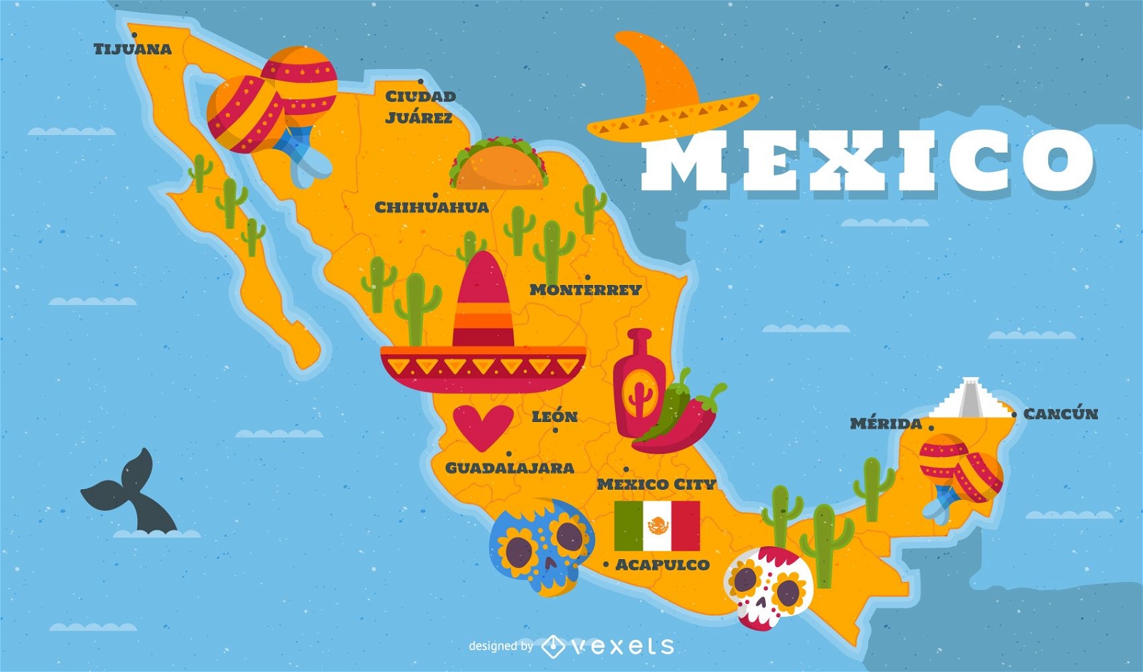 Mapa ilustrado de México con elementos tradicionales