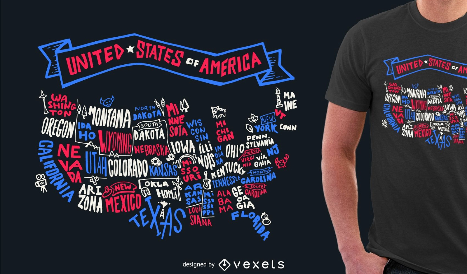 Diseño de camiseta con letras de Estados Unidos