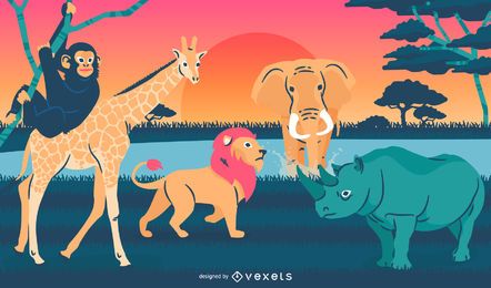 Wild animals illustration landscape Wild animals illustration landscape