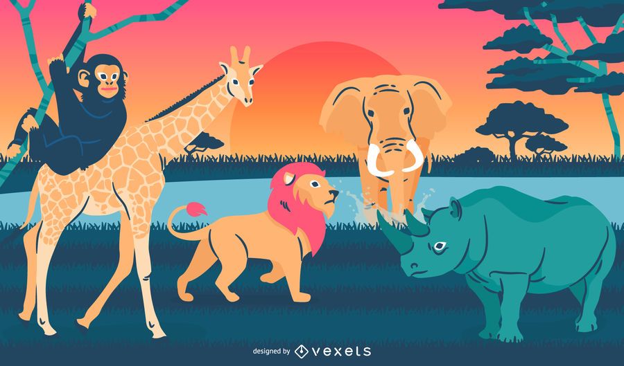 Wild animals illustration landscape Wild animals illustration landscape