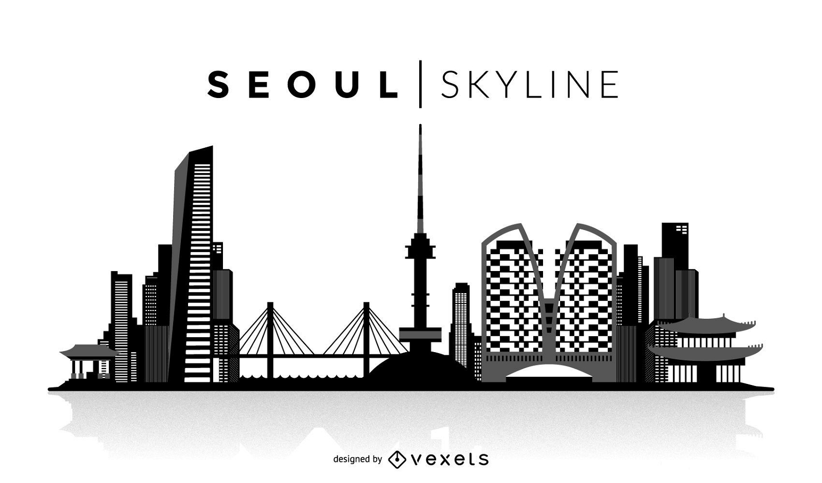 Schwarze Silhouette der Skyline von Seoul