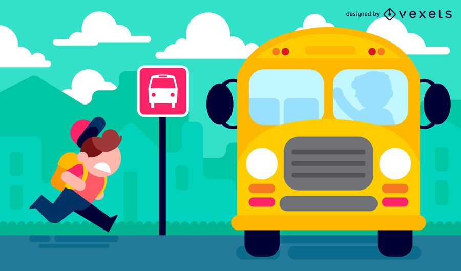 Garoto indo para a escola na ilustração de ônibus Garoto indo para a escola na ilustração de ônibus