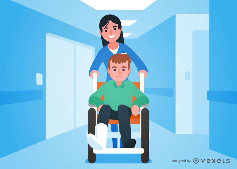 Karikaturmann im Rollstuhl nahe bei Doktor Karikaturmann im Rollstuhl nahe bei Doktor