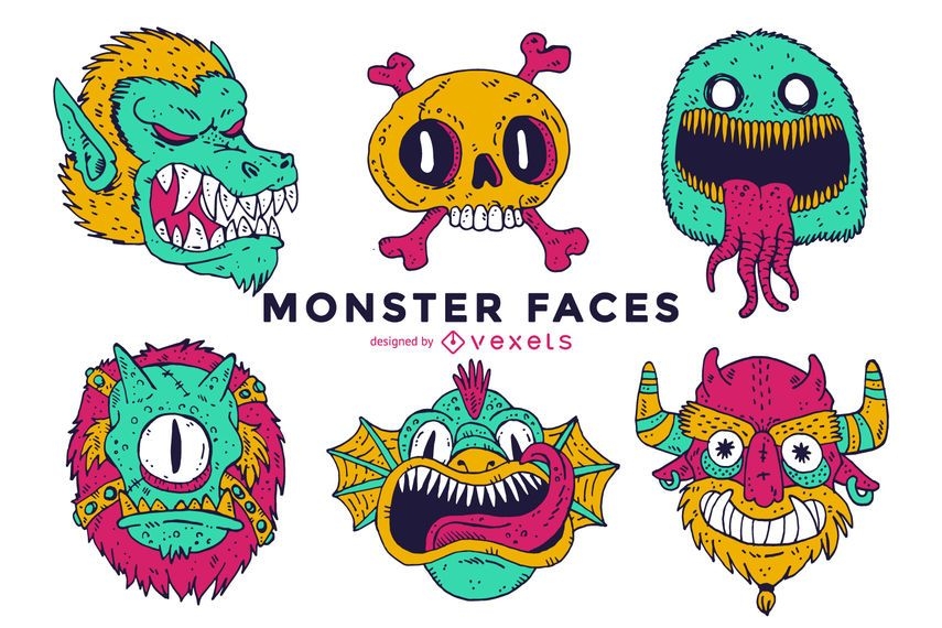Illustrated Monster Faces Collection Vector Download