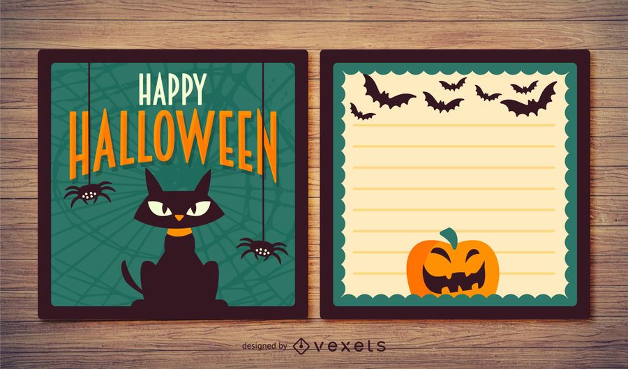Tarjeta de Halloween espeluznante con gatos y calabazas Tarjeta de Halloween espeluznante con gatos y calabazas