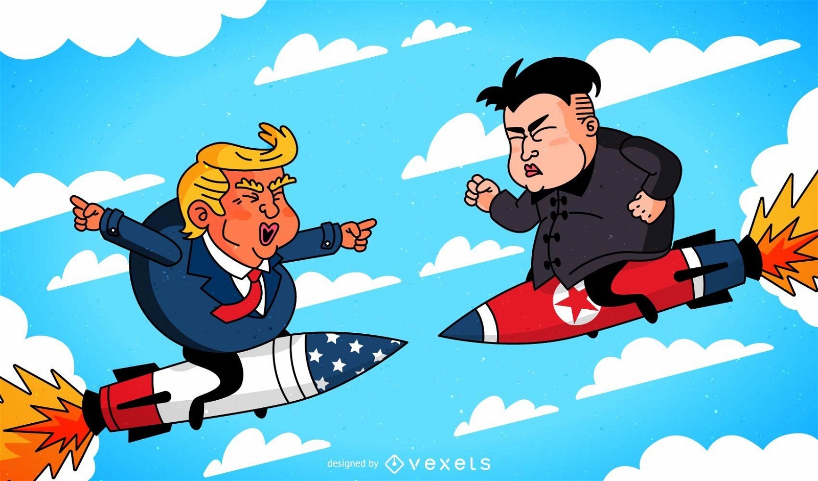 Donald Trump and Kim Jong-un cartoon on missiles against each other