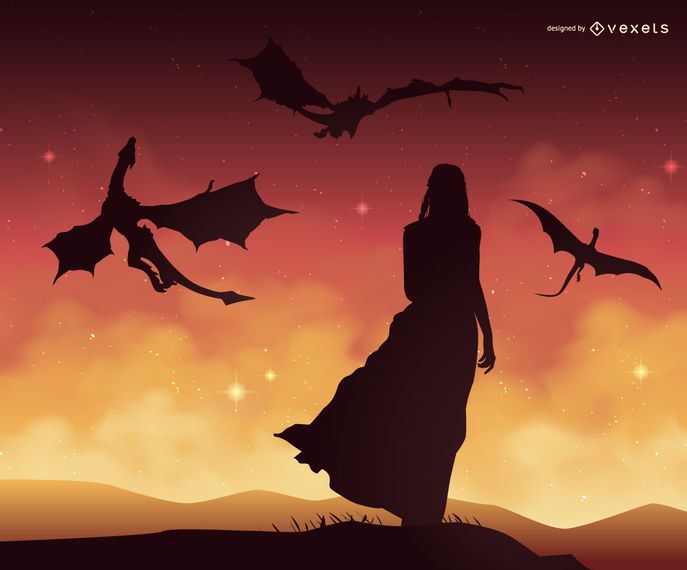 Ilustração de Game of Thrones Daenerys Targaryen com dragões Ilustração de Game of Thrones Daenerys Targaryen com dragões