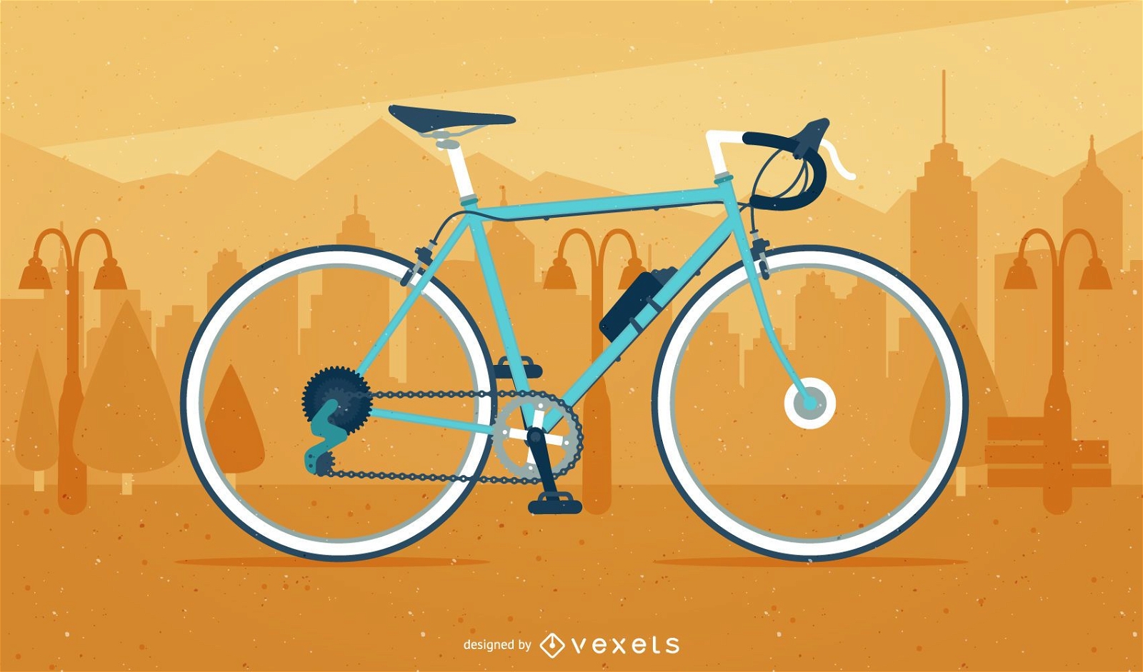 Bicicleta ilustrada sobre un paisaje urbano.